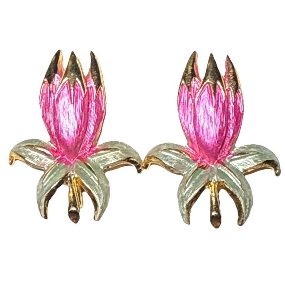 Park Lane Pink Enamel Flower Clip On Earrings Vtg J-8K